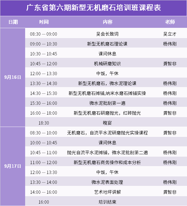 廣東省第六期新型無機(jī)磨石培訓(xùn)班課程表